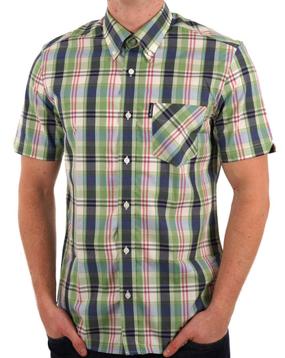 Ben Sherman – Gingham Overcheck-Shirt, kurzärmlig, Grasgrün