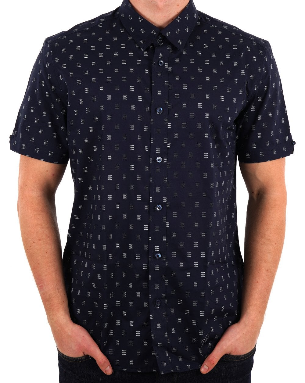 Ben Sherman – Kurzarm-Hemd mit gepunktetem Geo-Print in Dunkelmarineblau