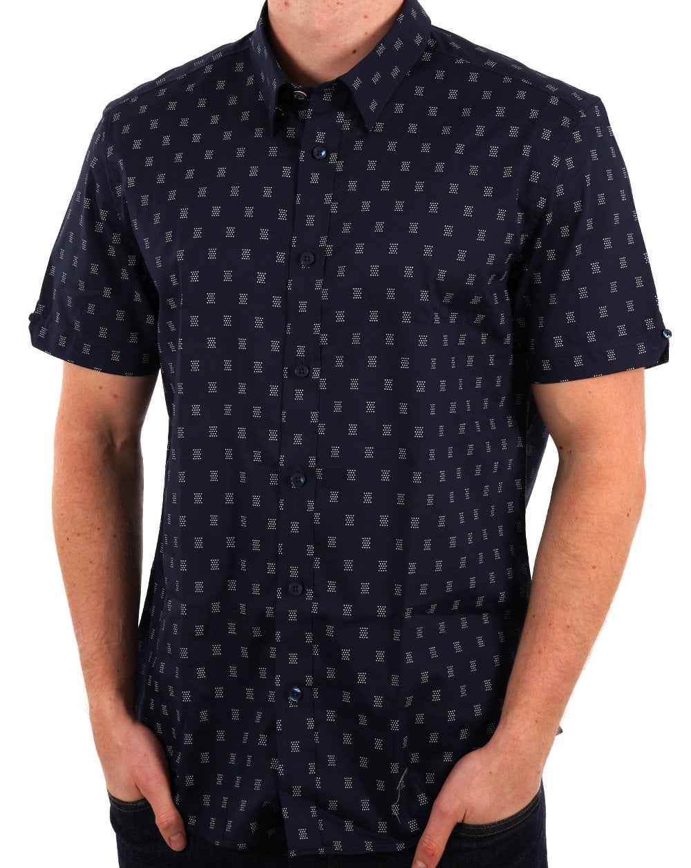 Ben Sherman – Kurzarm-Hemd mit gepunktetem Geo-Print in Dunkelmarineblau