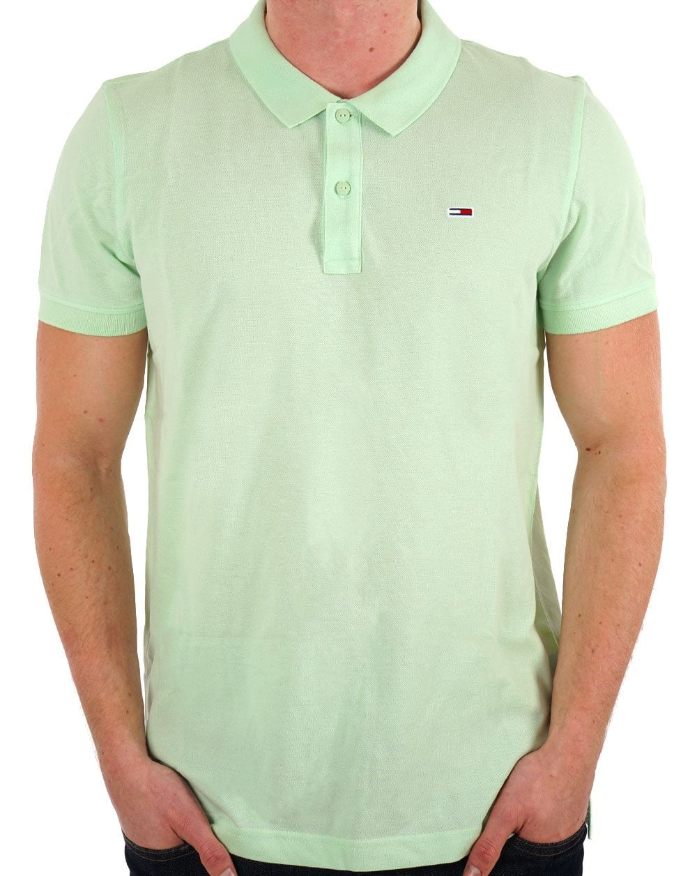 Tommy Jeans – Schmal geschnittenes Poloshirt mit Knopfleiste in Opalgrün