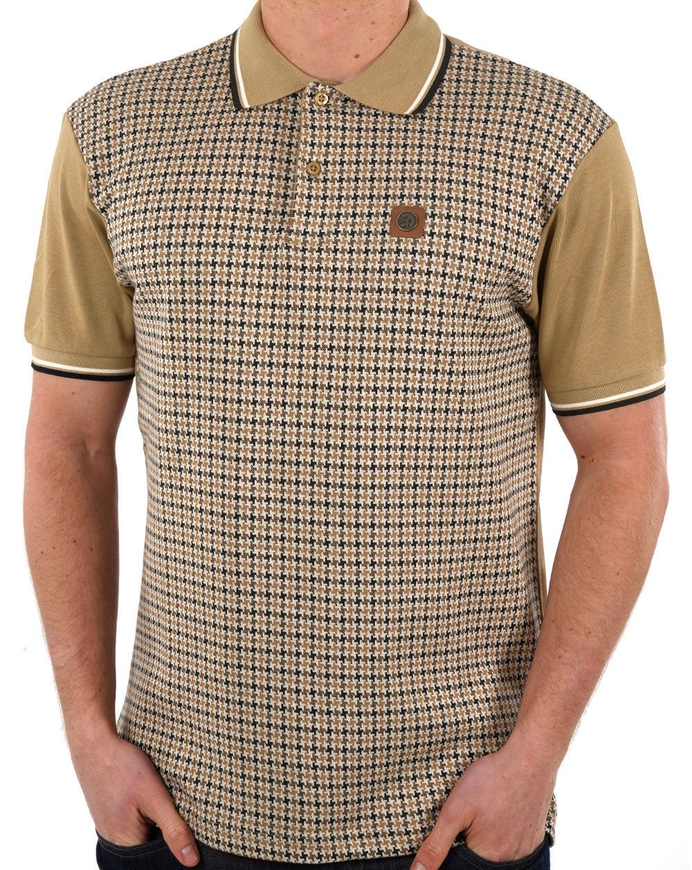 Trojan Poloshirt mit Hahnentrittmuster in Kamelbraun