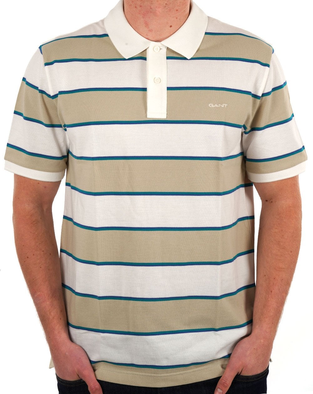 Gant – Mehrfarbig gestreiftes Piqué-Poloshirt in seidigem Beige