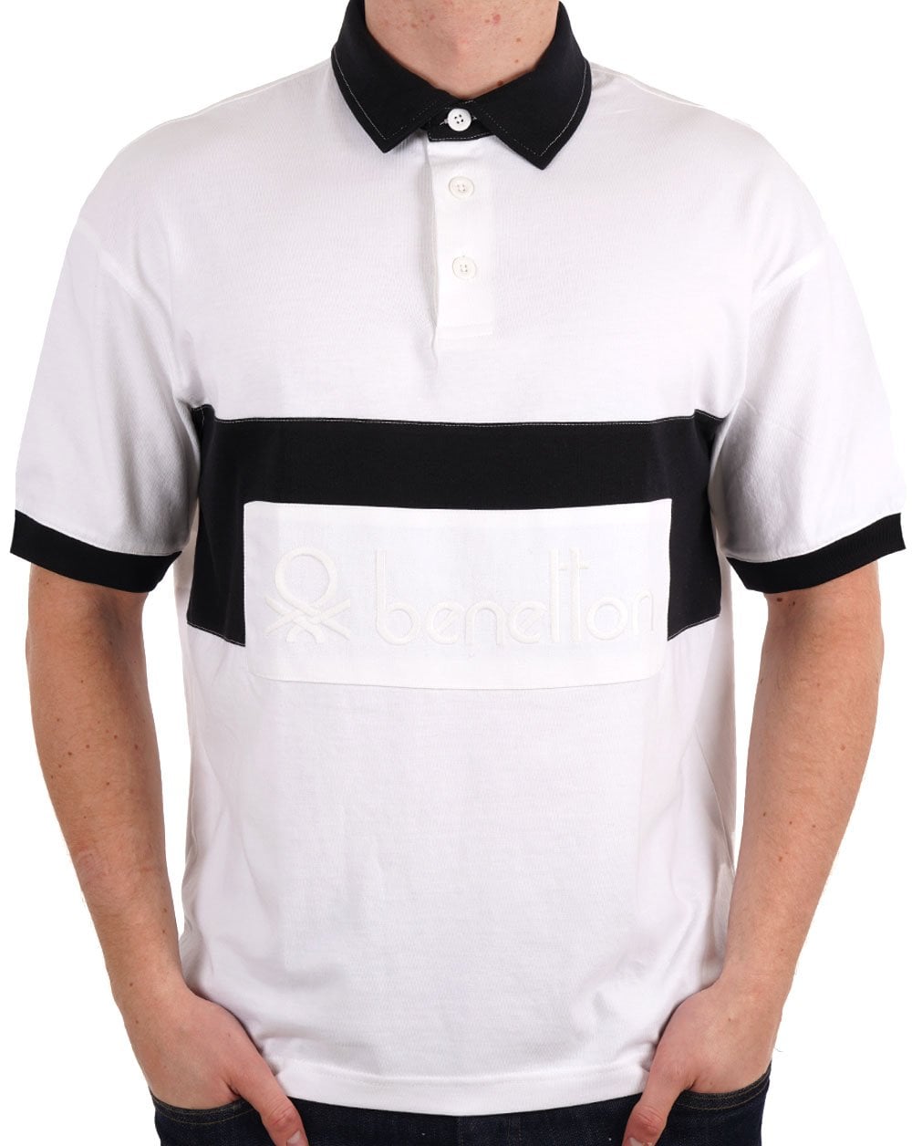 Benetton Patch Rugby SS Poloshirt Weiß/Marineblau