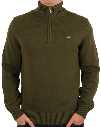 Gant Baumwollpullover mit halbem Reißverschluss Olivgrün