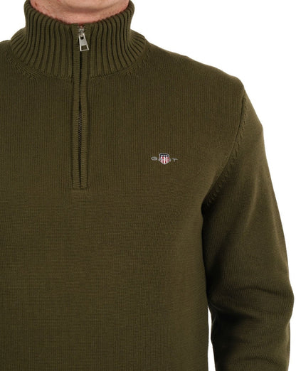 Gant Baumwollpullover mit halbem Reißverschluss Olivgrün