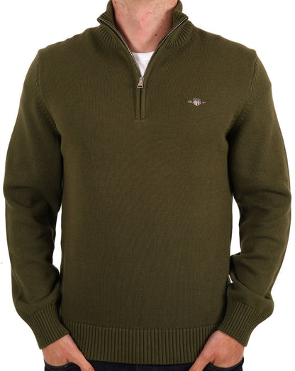 Gant Baumwollpullover mit halbem Reißverschluss Olivgrün