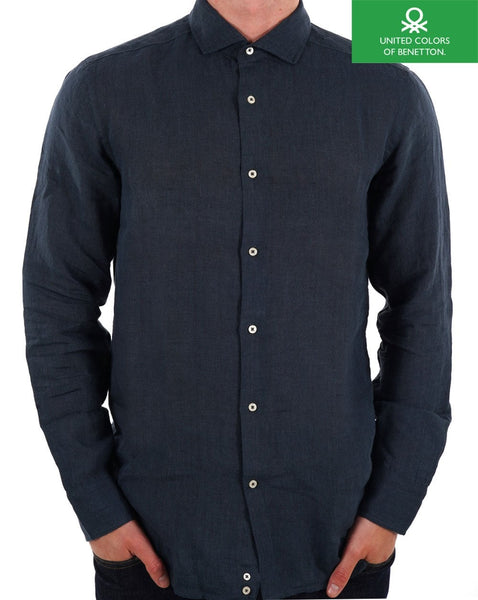Benetton Pure Linen Long Sleeve Shirt Navy
