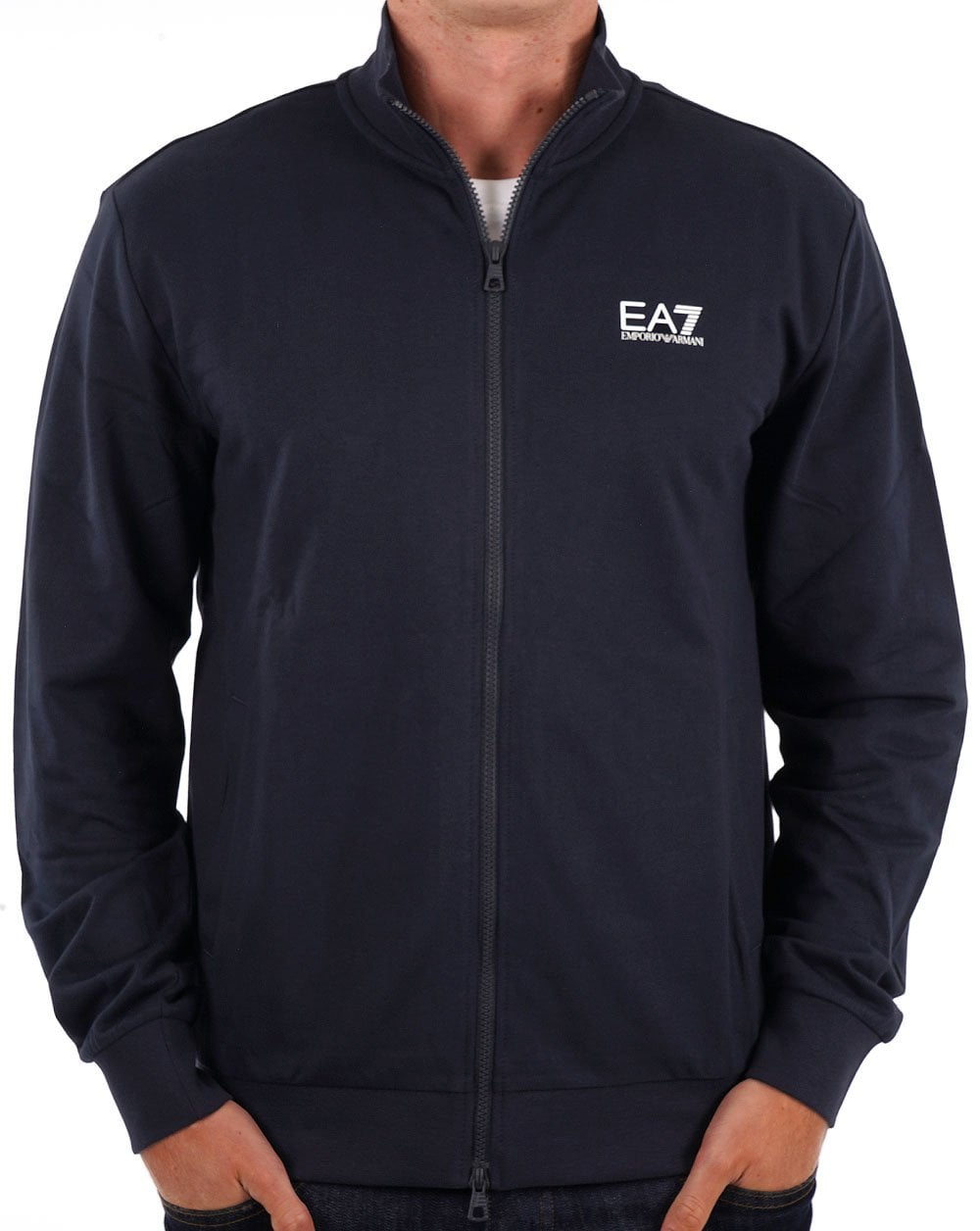 EA7 Emporio Armani – Sweatshirt mit durchgehendem Reißverschluss in Marineblau