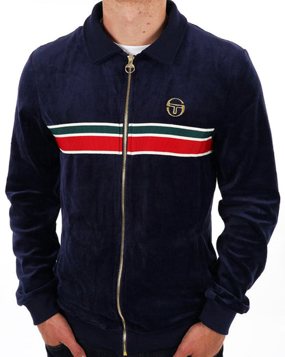 Sergio Tacchini – Gestreiftes Velours-Trainingsoberteil im 70er-Jahre-Stil, Marineblau