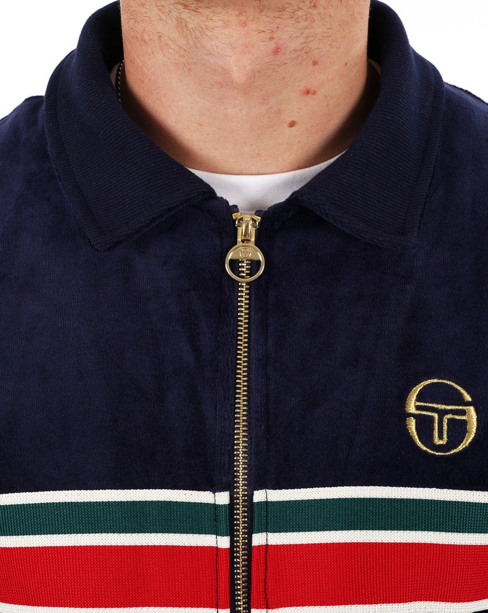 Sergio Tacchini – Gestreiftes Velours-Trainingsoberteil im 70er-Jahre-Stil, Marineblau