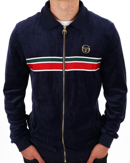 Sergio Tacchini – Gestreiftes Velours-Trainingsoberteil im 70er-Jahre-Stil, Marineblau