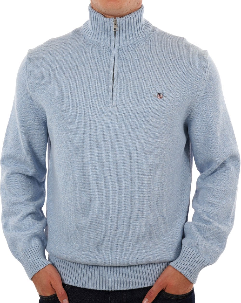 Gant Baumwollpullover mit halbem Reißverschluss Hellblau Melange