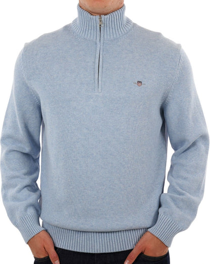 Gant Baumwollpullover mit halbem Reißverschluss Hellblau Melange
