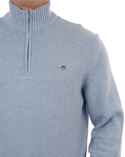 Gant Baumwollpullover mit halbem Reißverschluss Hellblau Melange