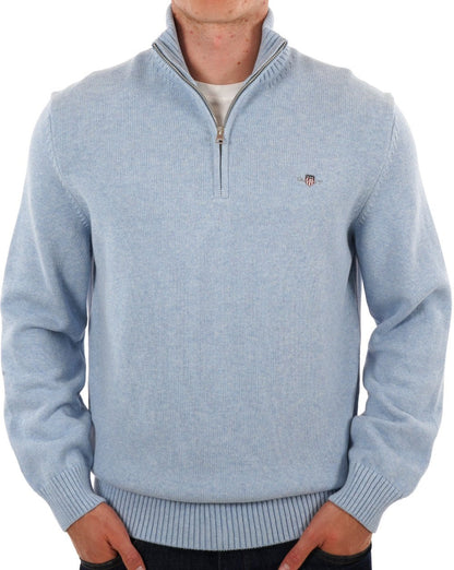 Gant Baumwollpullover mit halbem Reißverschluss Hellblau Melange
