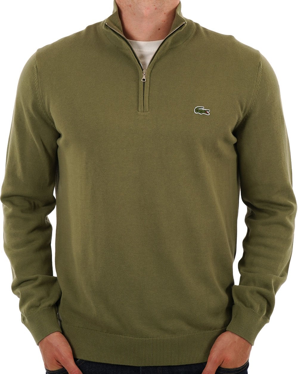 Lacoste – Strickpullover mit halbem Reißverschluss, Khakigrün