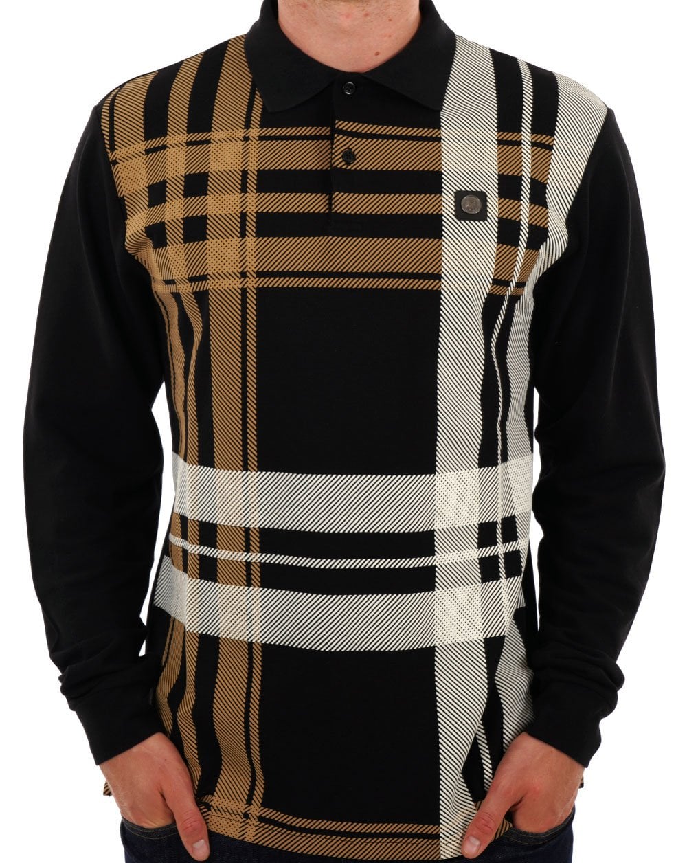 Trojan Oversize Check Panel Langarm-Poloshirt in Schwarz