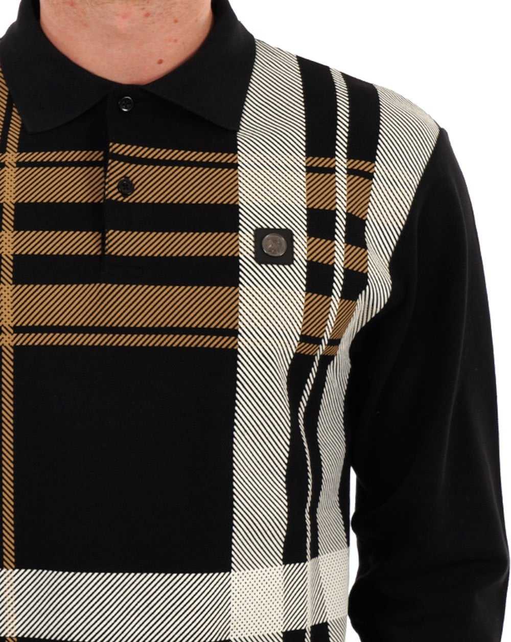 Trojan Oversize Check Panel Langarm-Poloshirt in Schwarz