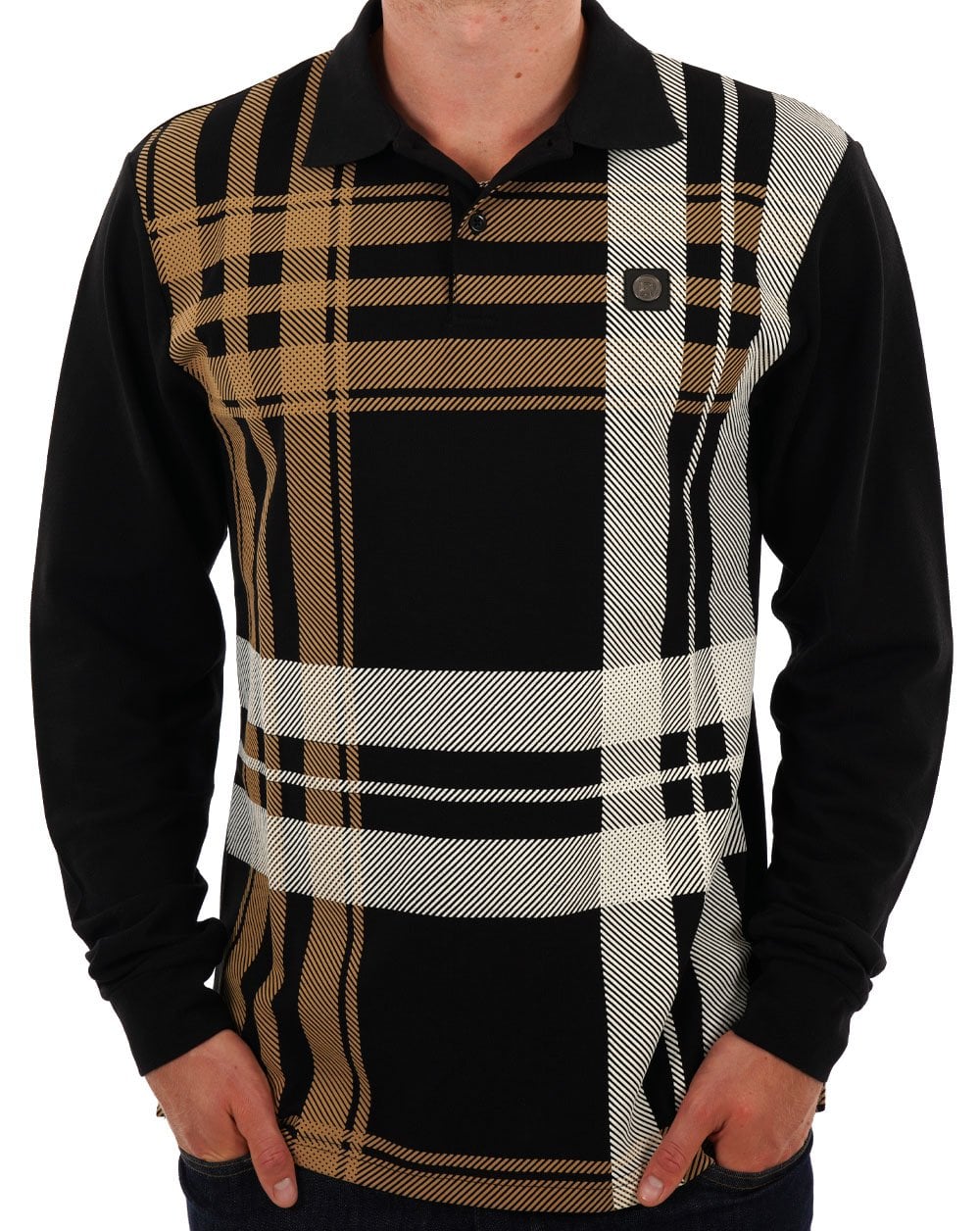 Trojan Oversize Check Panel Langarm-Poloshirt in Schwarz
