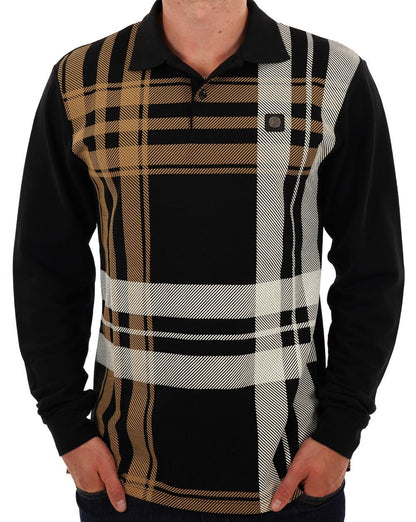 Trojan Oversize Check Panel Langarm-Poloshirt in Schwarz