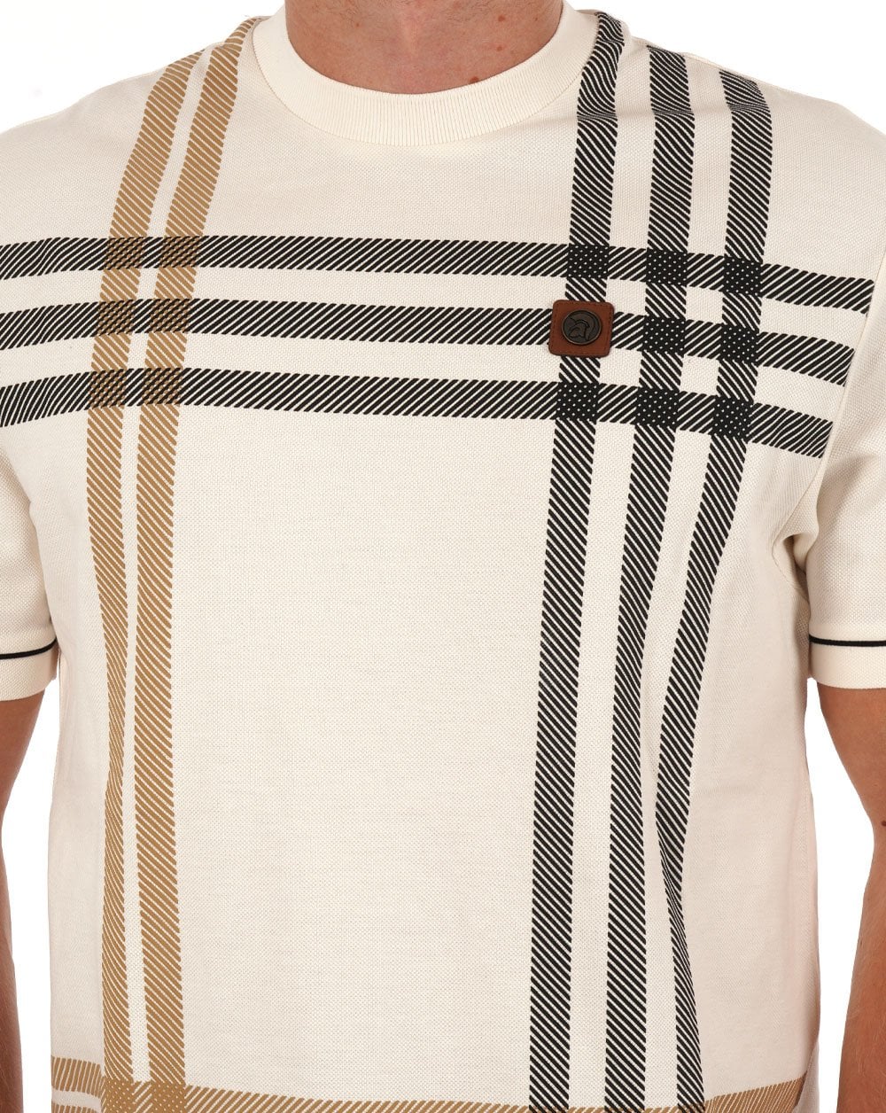T-Shirt mit Karo-Einsatz und Print Trojan Ecru