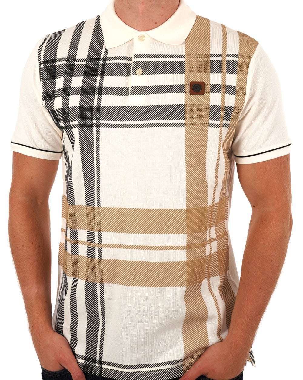 Poloshirt Trojan Check Panel Ecru/Schwarz