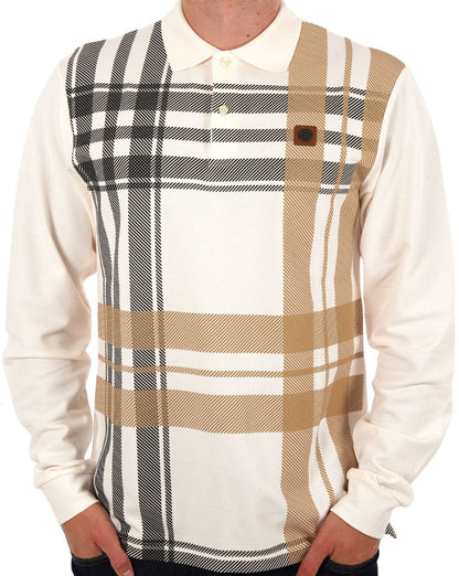 Trojan Oversize Check Panel Langarm-Poloshirt in Ecru