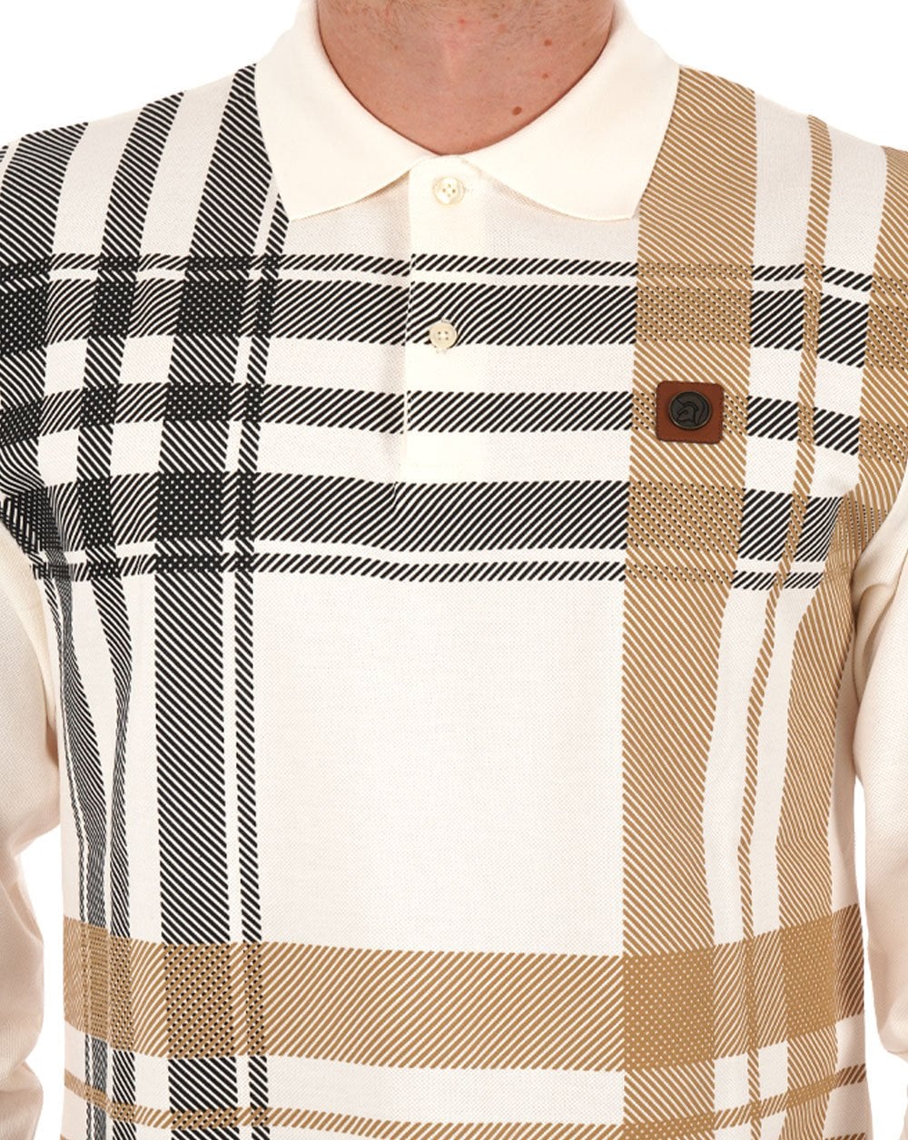 Trojan Oversize Check Panel Langarm-Poloshirt in Ecru