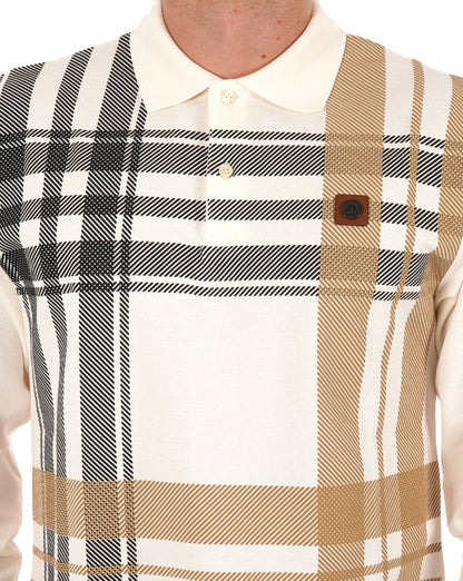 Trojan Oversize Check Panel Langarm-Poloshirt in Ecru