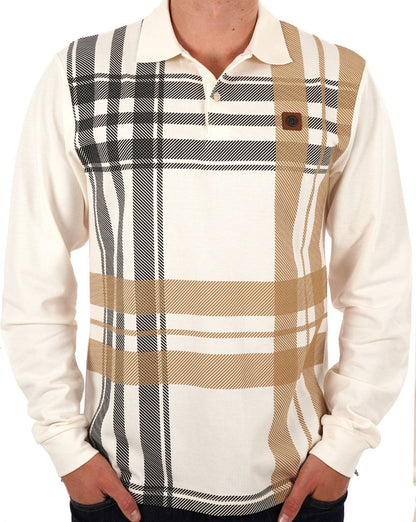 Trojan Oversize Check Panel Langarm-Poloshirt in Ecru
