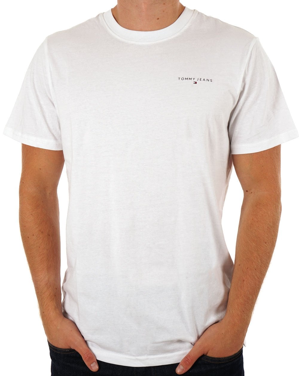 Tommy Jeans – Weißes T-Shirt mit linearem Logo