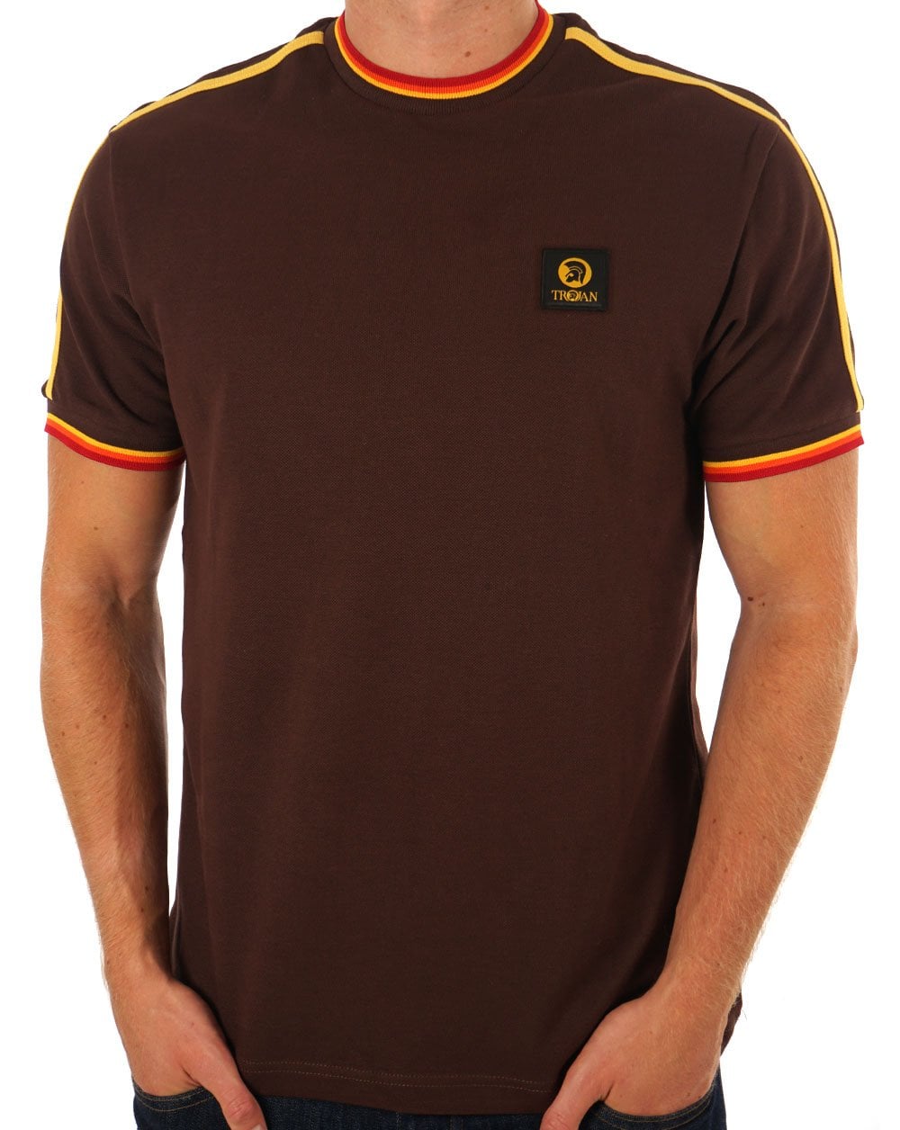 Trojan T-Shirt mit dreifarbigem Streifenmuster in Schokoladenbraun