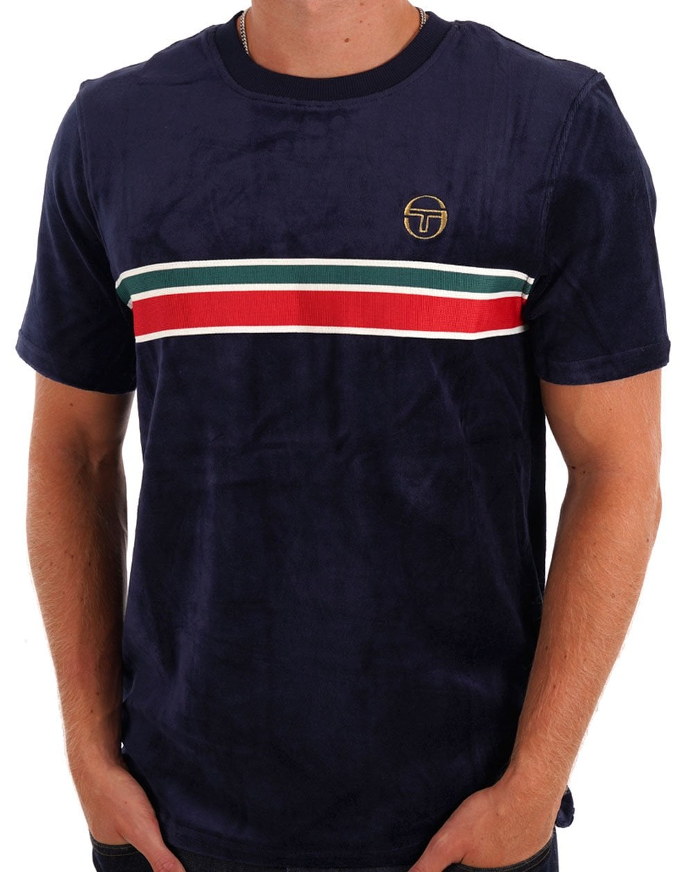 Sergio Tacchini – T-Shirt mit Veloursstreifen auf der Brust, Marineblau