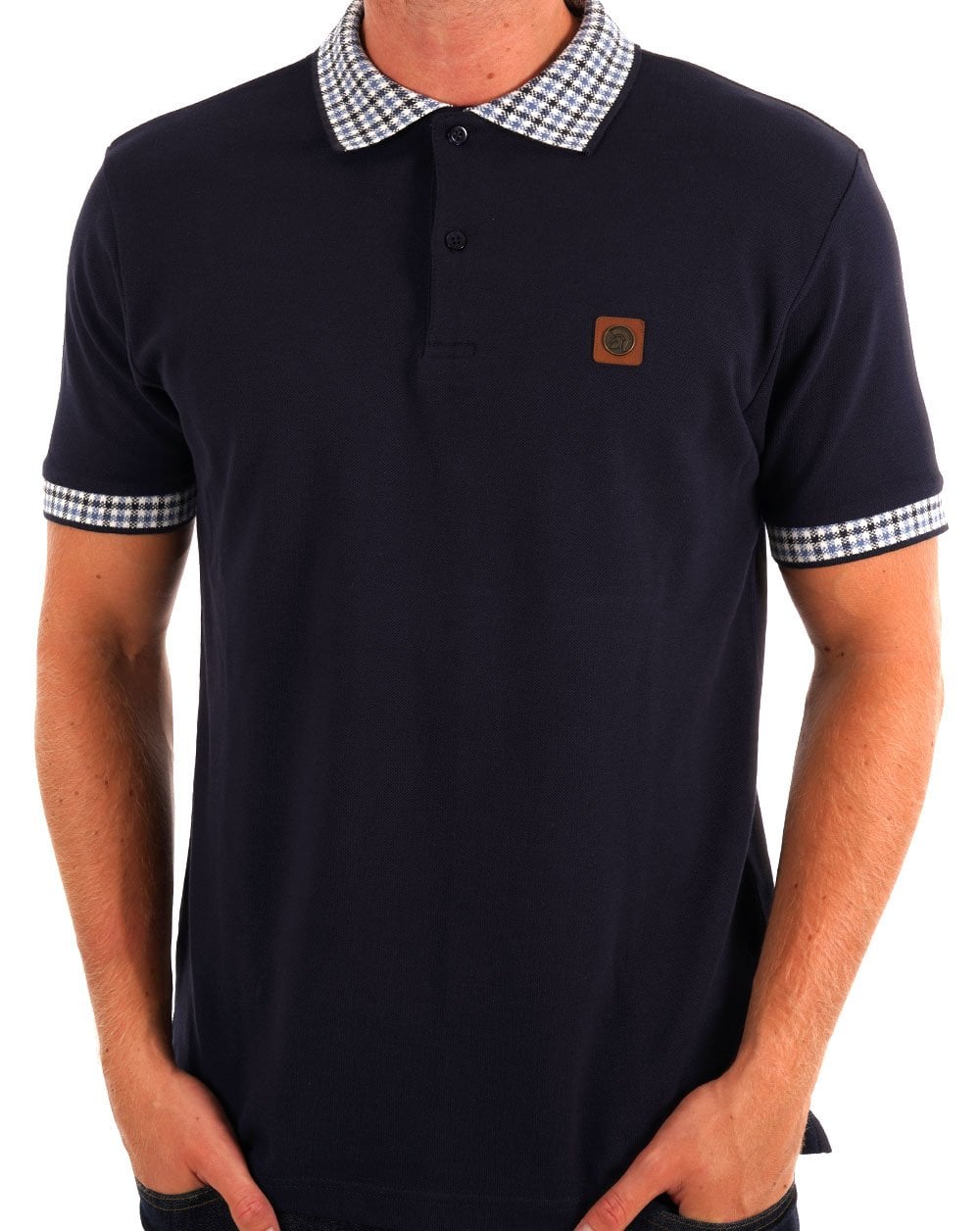Trojan – Poloshirt mit Mini-Gingham-Besatz in Marineblau