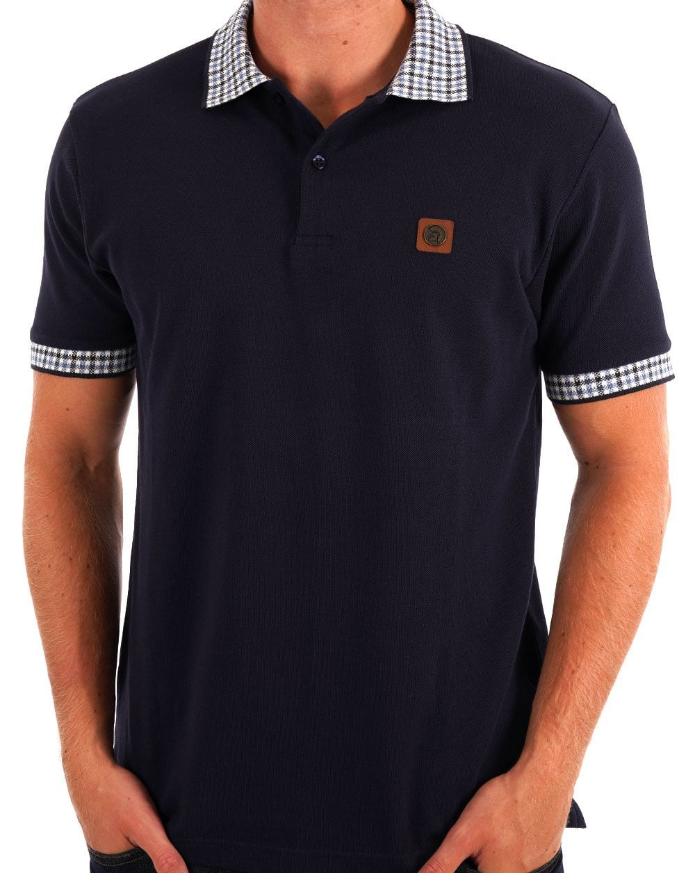 Trojan – Poloshirt mit Mini-Gingham-Besatz in Marineblau