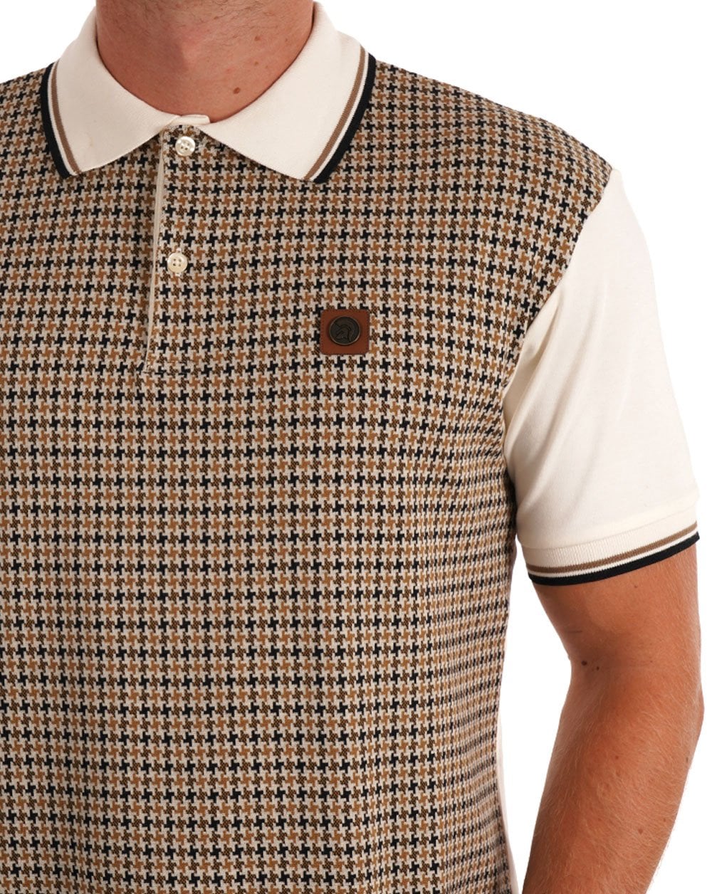 Trojan Poloshirt mit Hahnentrittmuster und Einsätzen in Ecru