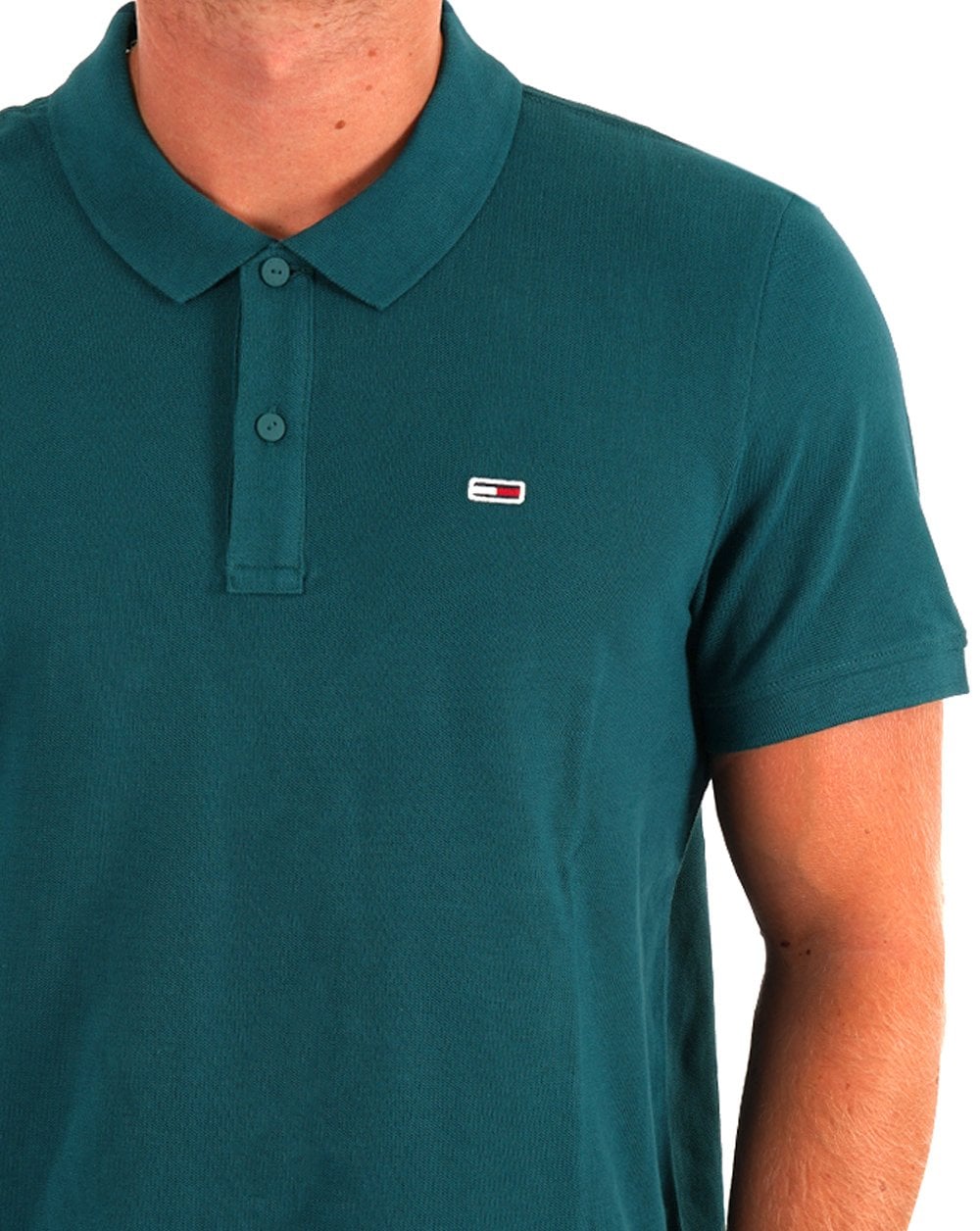 Tommy Jeans – Poloshirt mit schmaler Knopfleiste, tiefes Seewassergrün