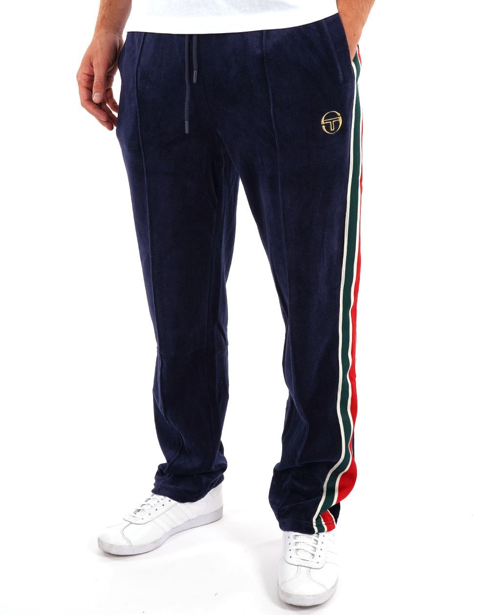 Sergio Tacchini – Gestreifte Trainingshose aus Velours im 70er-Stil, Marineblau