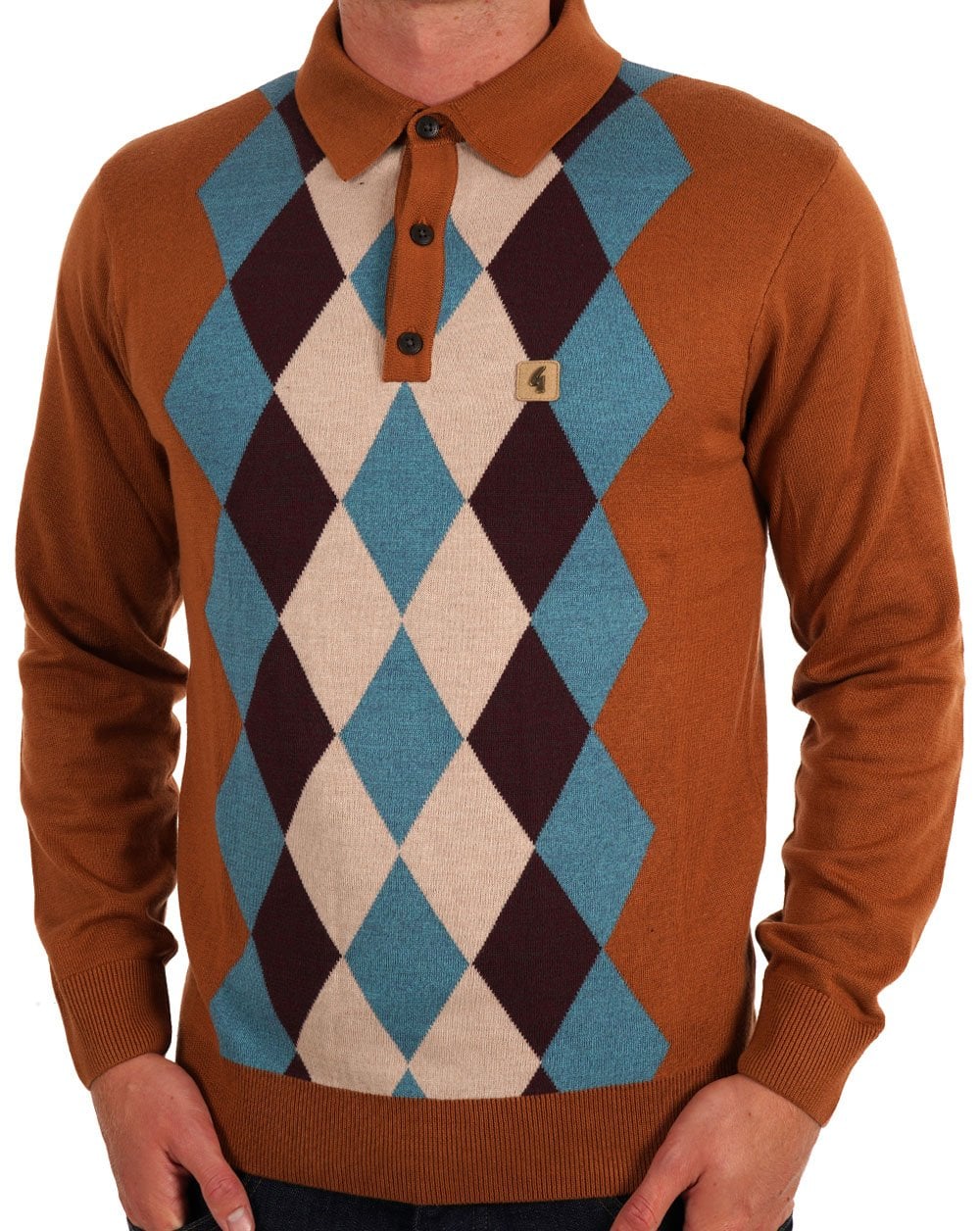 Gabicci Vintage Pablo Diamond Knit LS Polo Walnuss