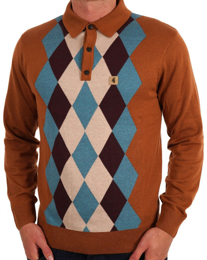 Gabicci Vintage Pablo Diamond Knit LS Polo Walnuss
