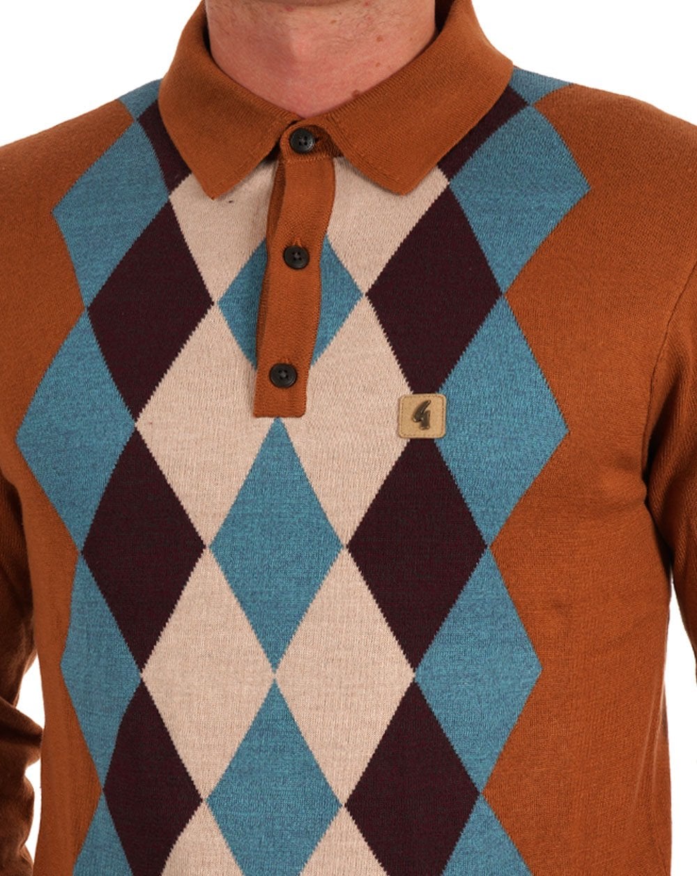 Gabicci Vintage Pablo Diamond Knit LS Polo Walnuss