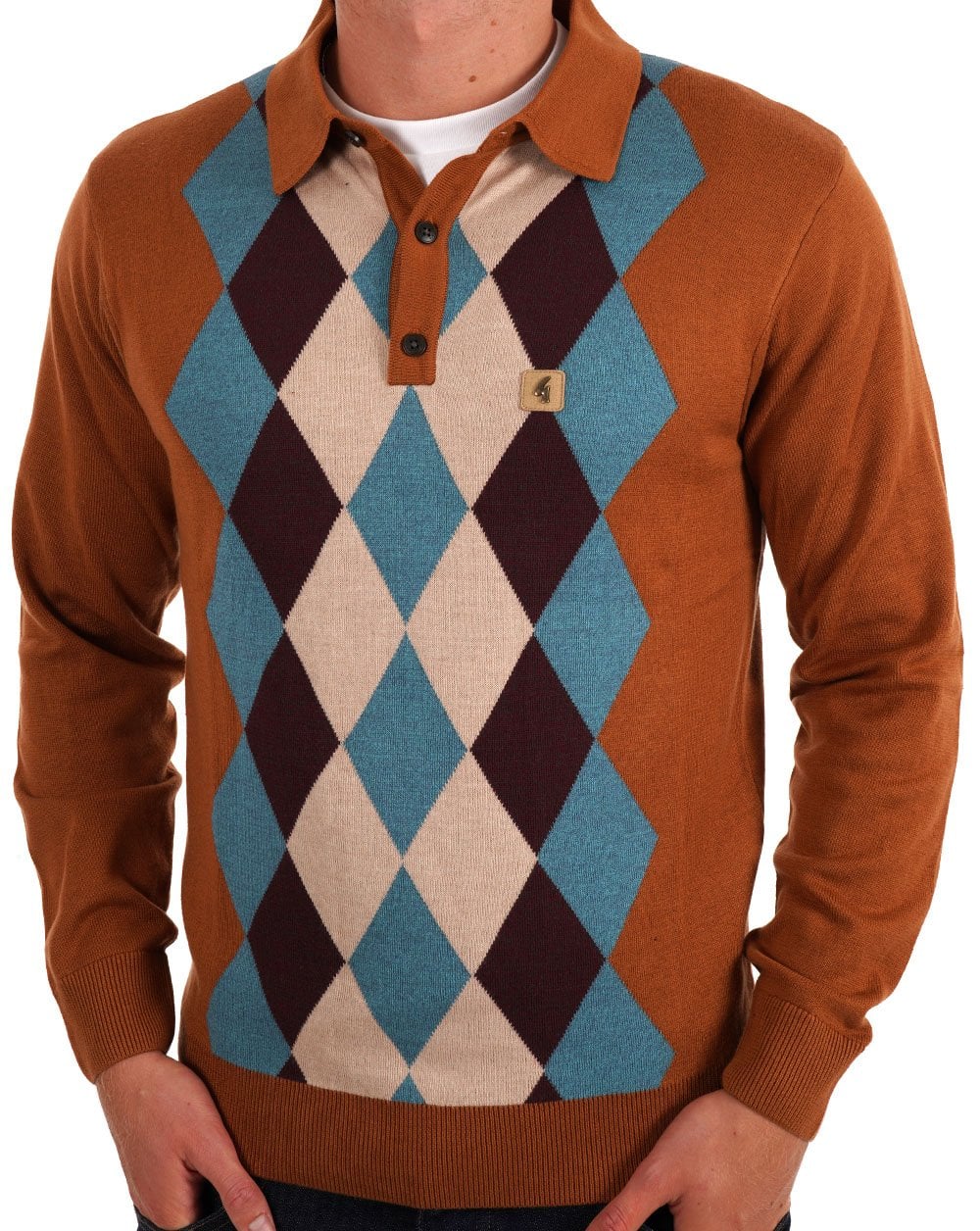 Gabicci Vintage Pablo Diamond Knit LS Polo Walnuss