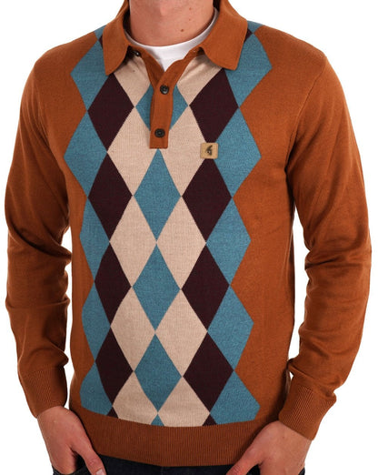 Gabicci Vintage Pablo Diamond Knit LS Polo Walnuss
