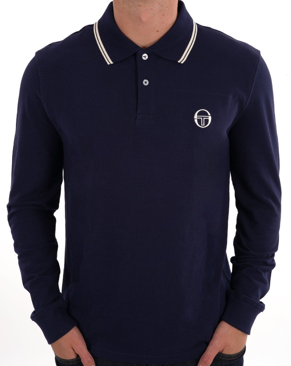 Sergio Tacchini – Langarm-Poloshirt mit Streifenmuster, Marineblau
