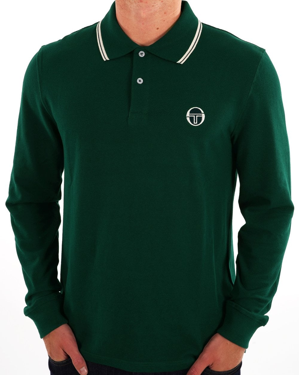 Sergio Tacchini – Langärmliges Poloshirt mit Streifen in Regenwaldgrün