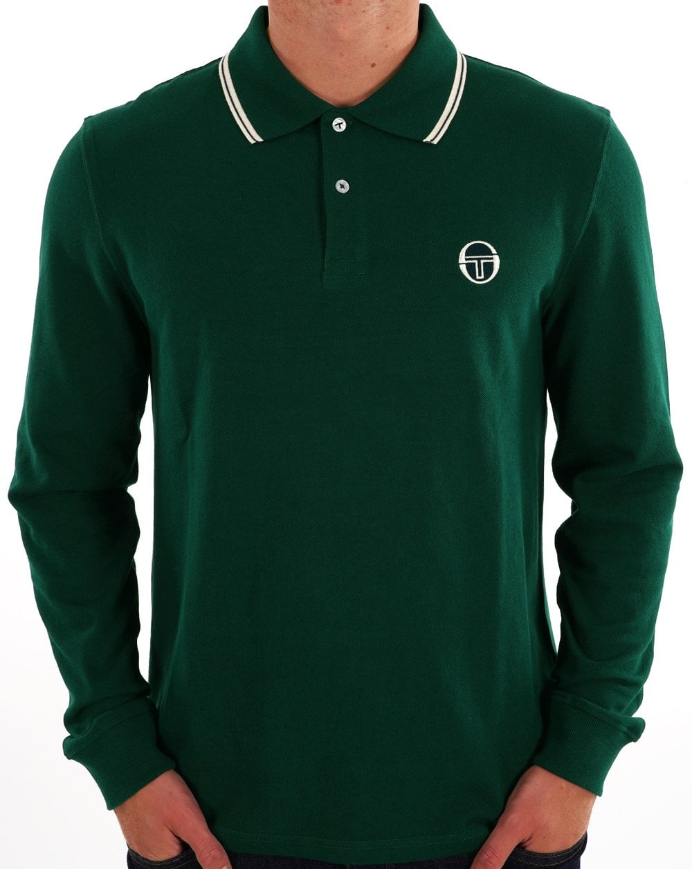Sergio Tacchini – Langärmliges Poloshirt mit Streifen in Regenwaldgrün