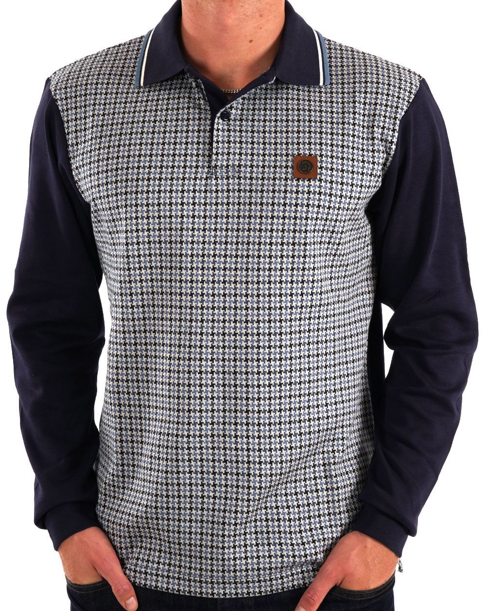 Trojan – Langärmliges Poloshirt mit Hahnentrittmuster, Marineblau