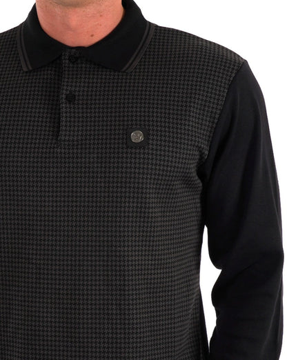 Trojan – Langärmliges Poloshirt mit Hahnentrittmuster in Schwarz