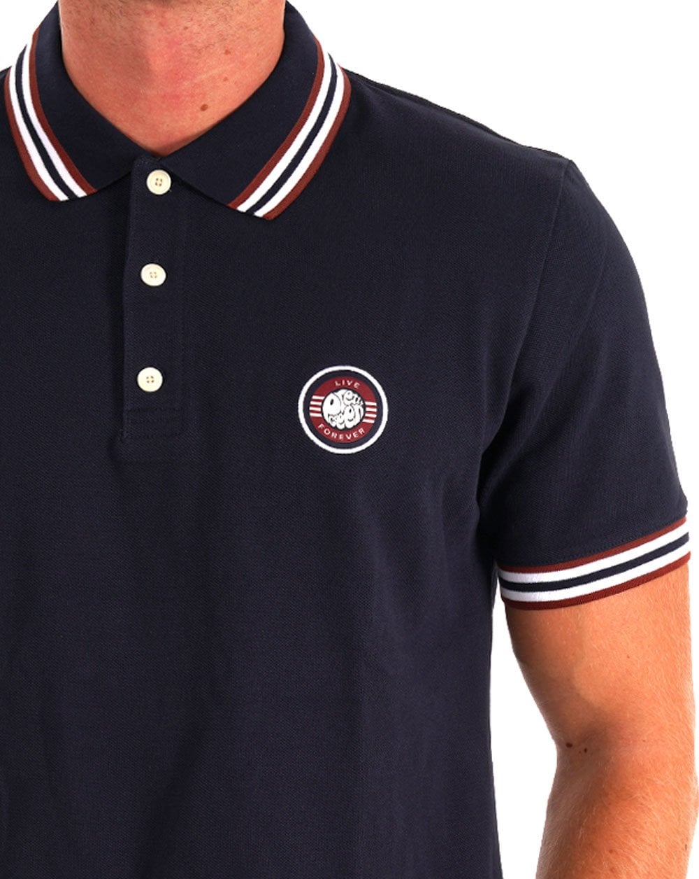 Pretty Green – Live Forever – Poloshirt mit Streifen in Marineblau