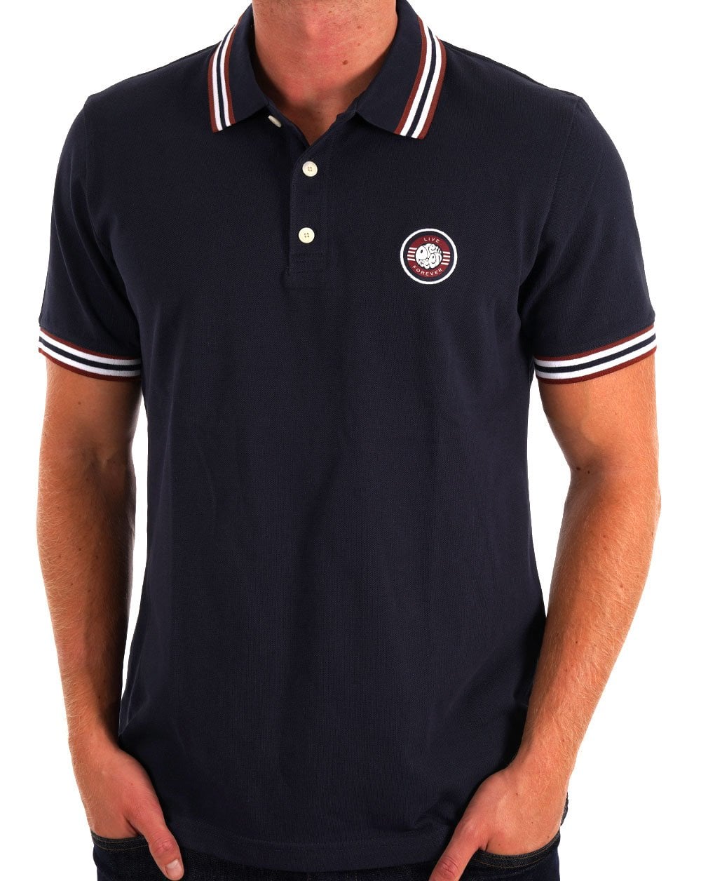 Pretty Green – Live Forever – Poloshirt mit Streifen in Marineblau